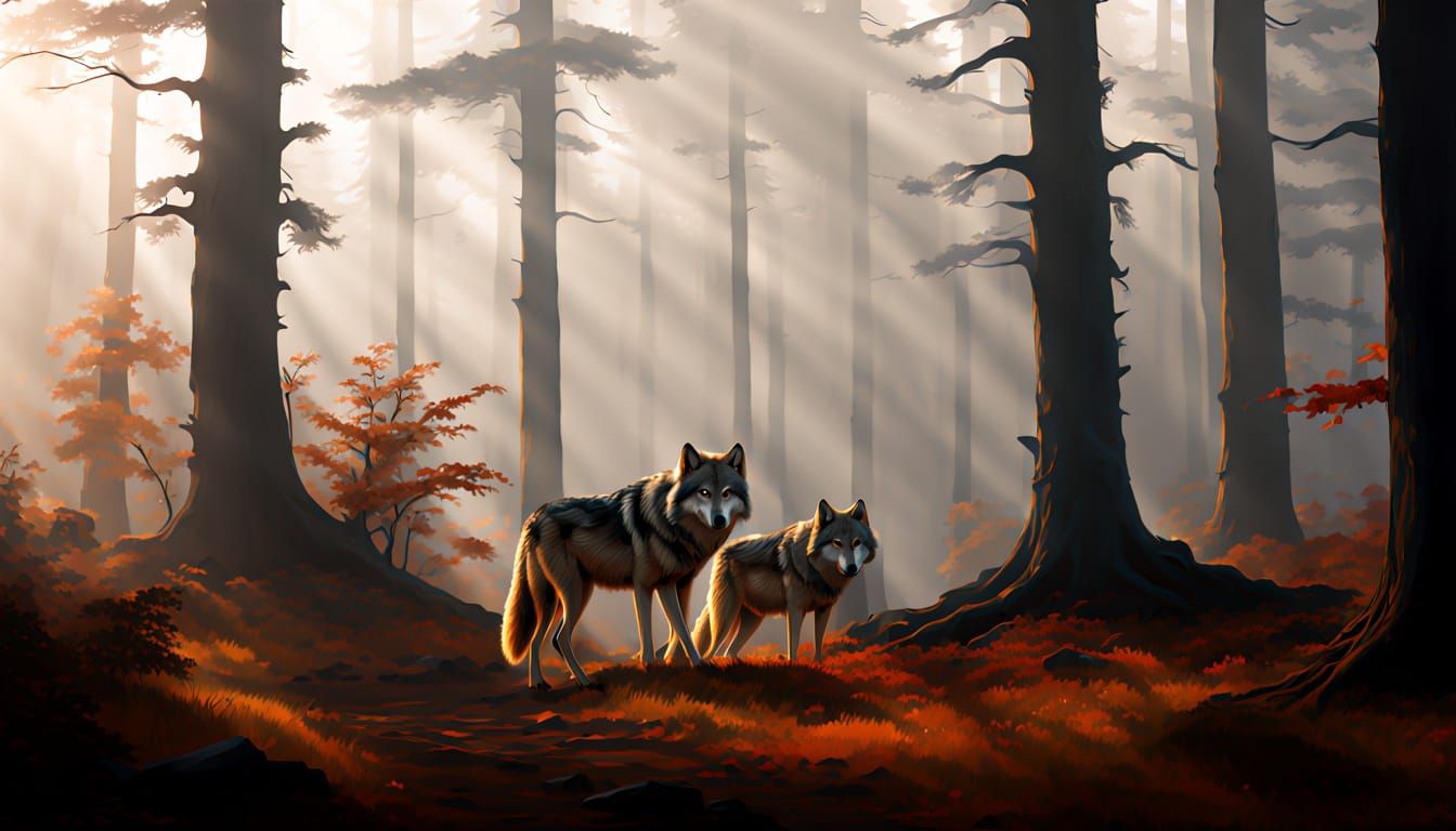 Wolf Pack in Misty Enchanted Forest Oil Painting