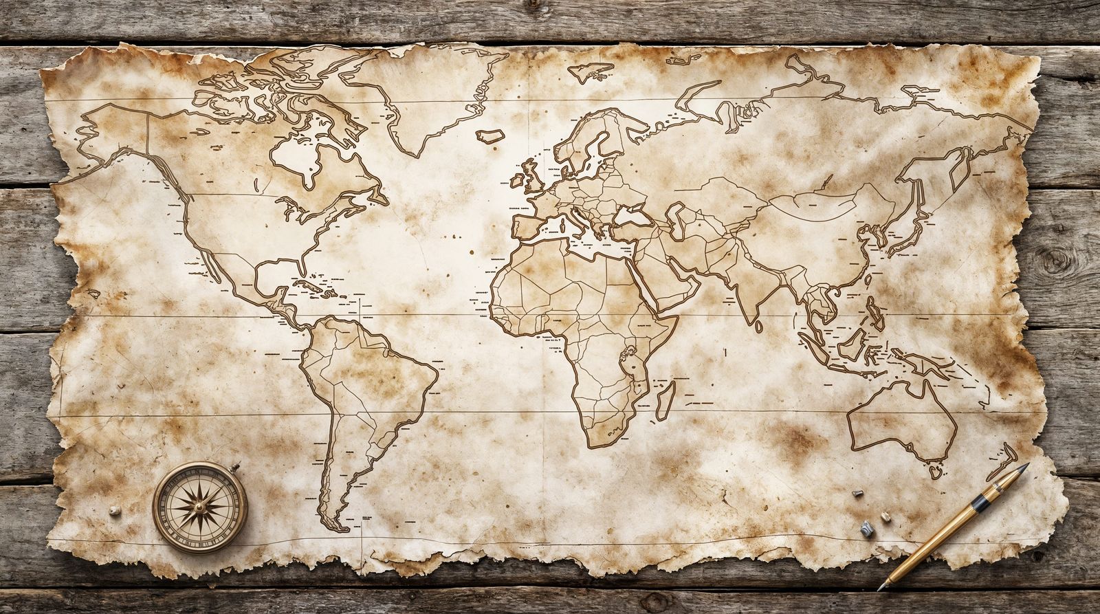 Ancient Map Unfolds on Weathered Wood in Faded Watercolor