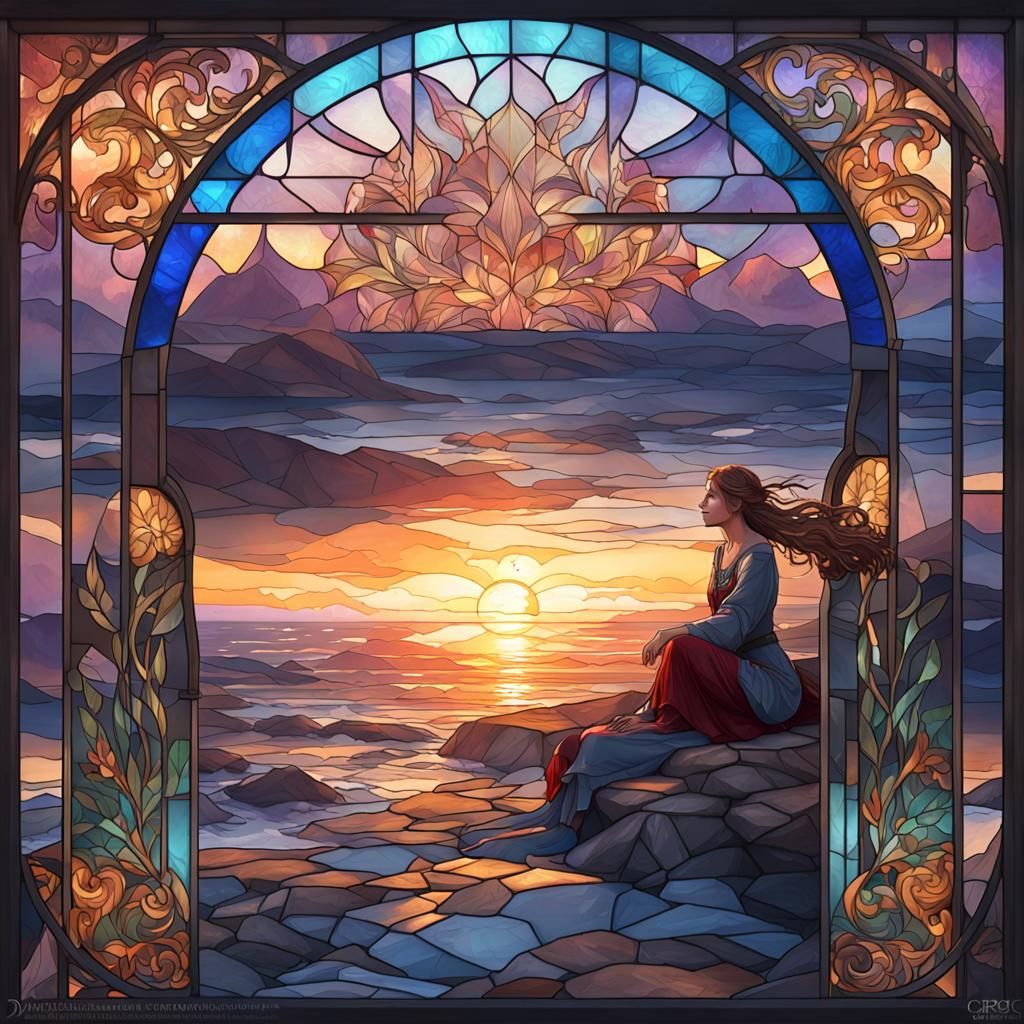 Majestic Dusk Seascape in Stained Glass Style