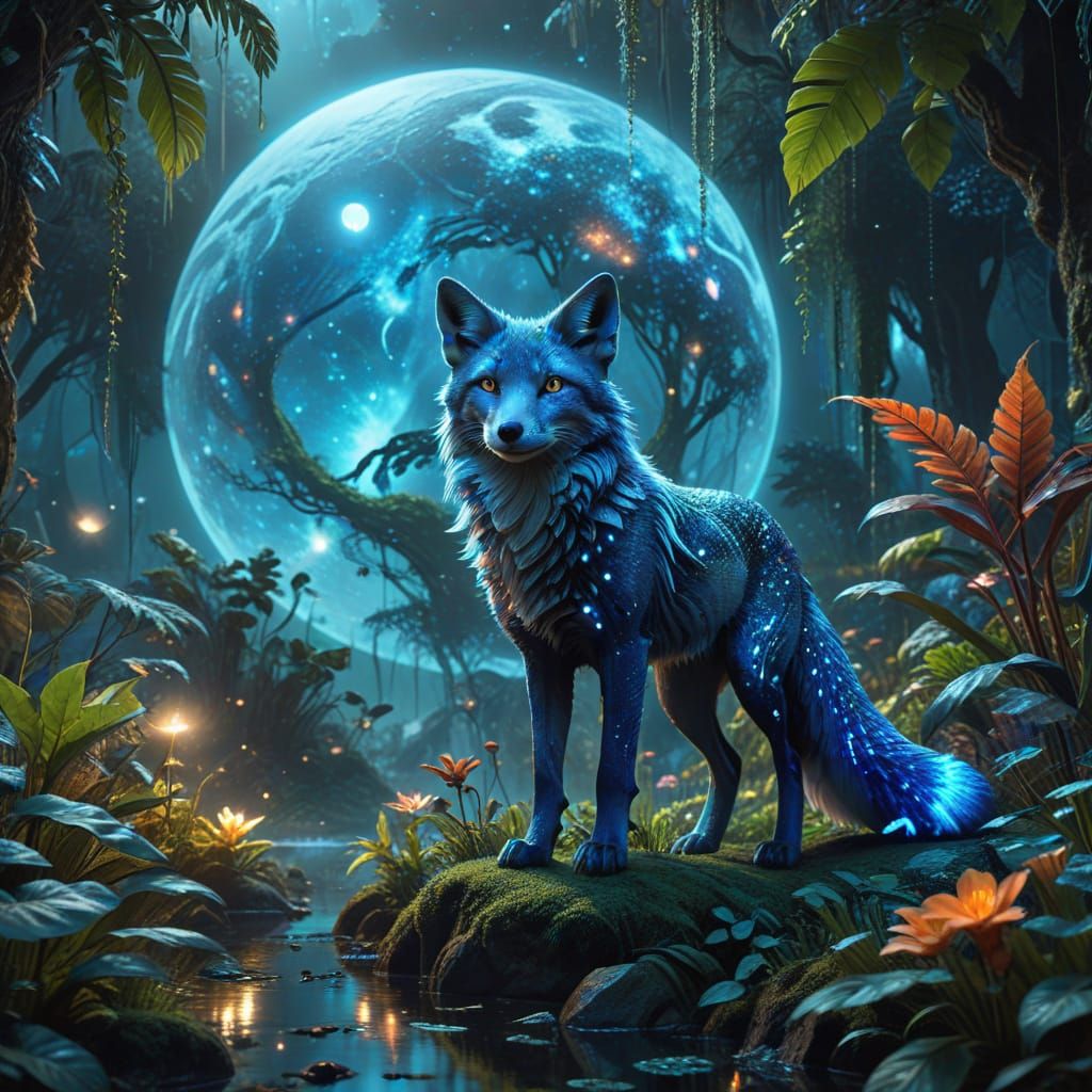 Ethereal Blue Fox in Alien Jungle