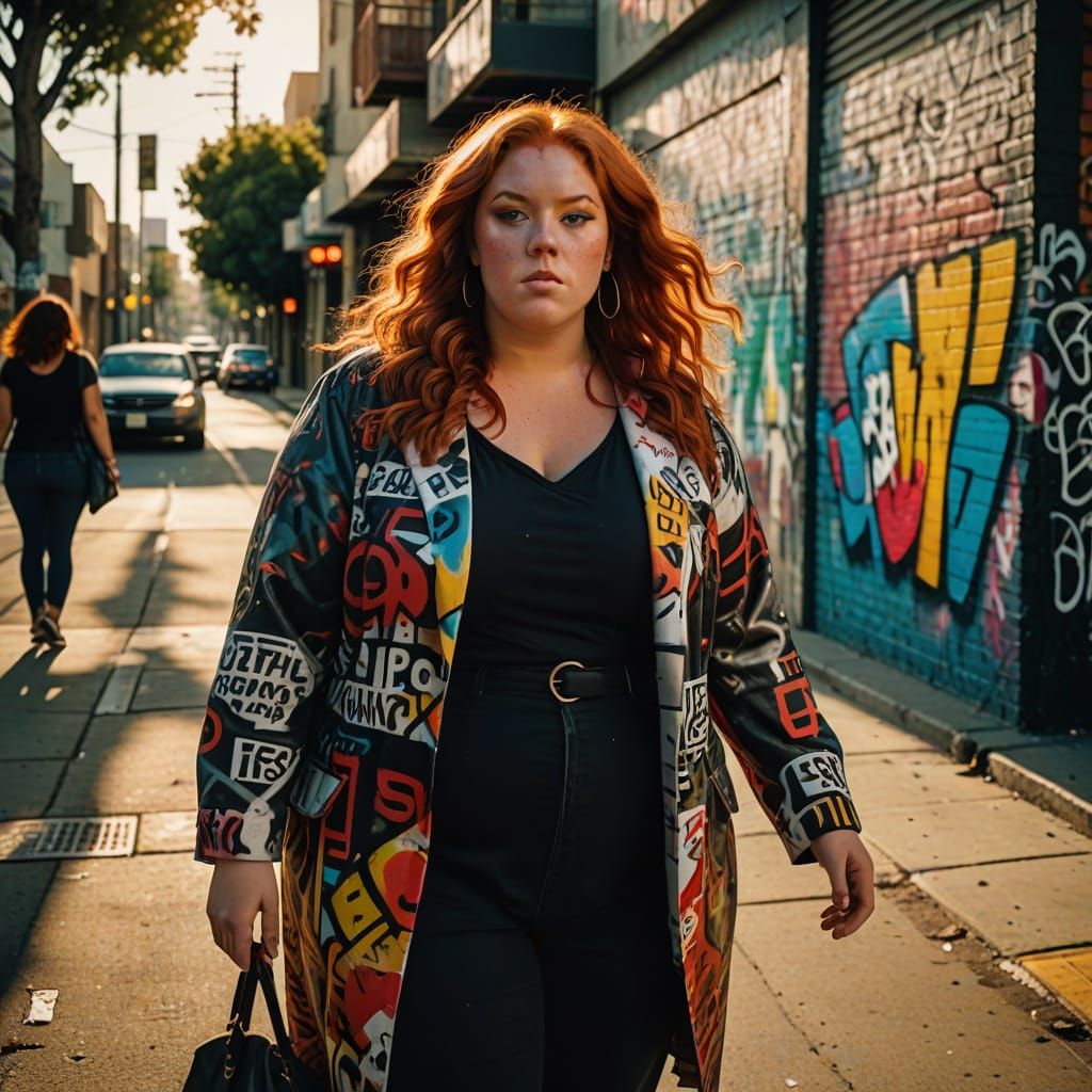 Plus-Sized Woman Strolls Down Graffiti Street