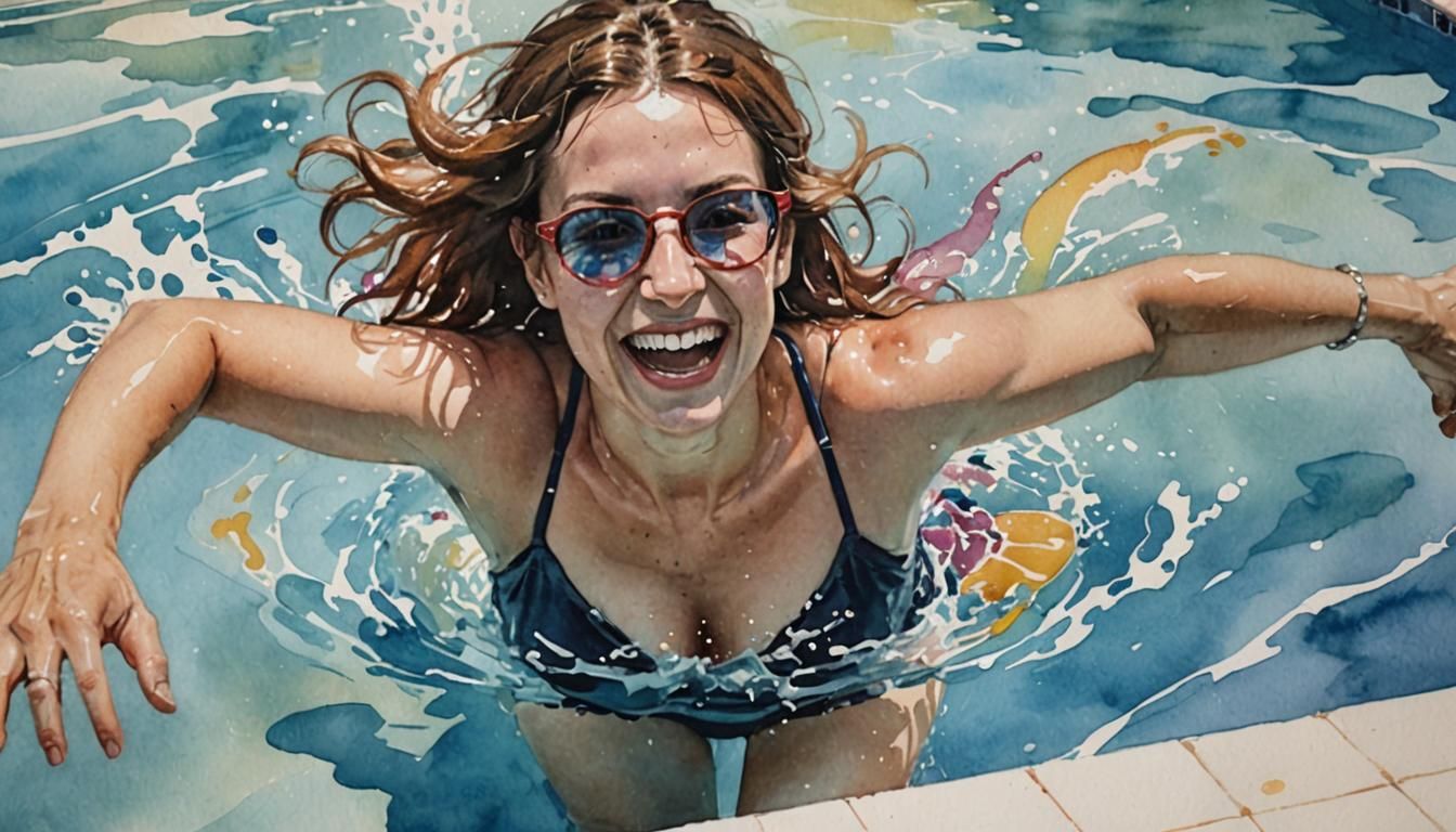 Watercolor Painting of Woman in Swimming Pool