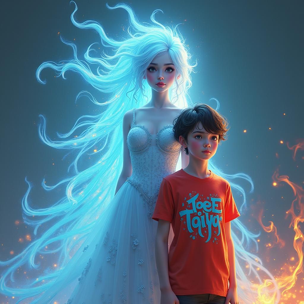 Goddess of Ice, Flames, and Confident Boy in Sci-Fi Style