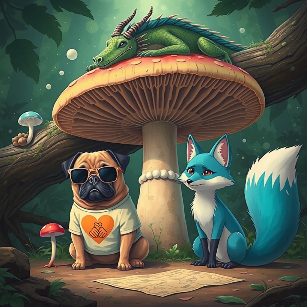 Pug, Fox, and Dragon in Ghibli Anime Style