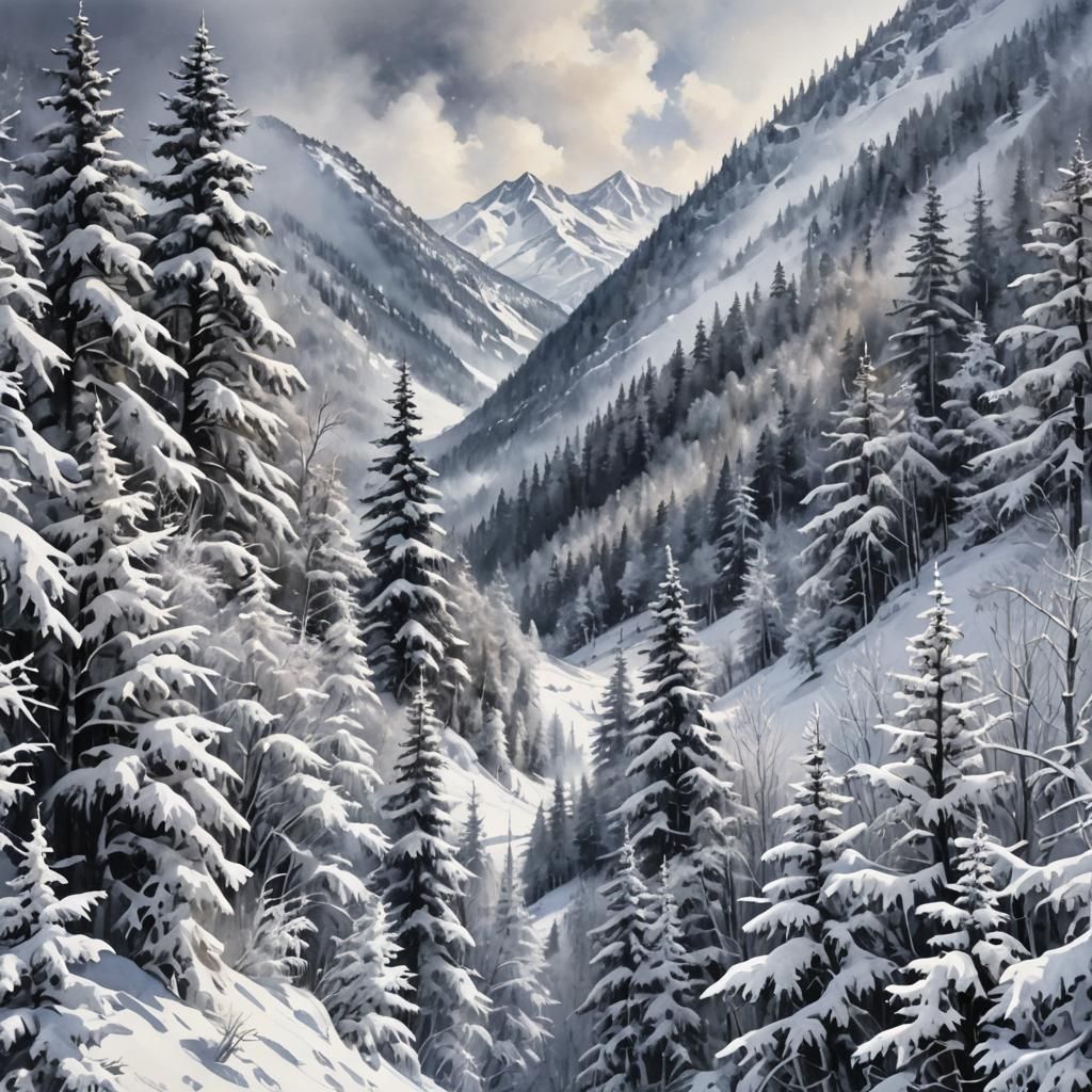 Snowy Mountain Forest in Neo-Impressionistic Oil Painting