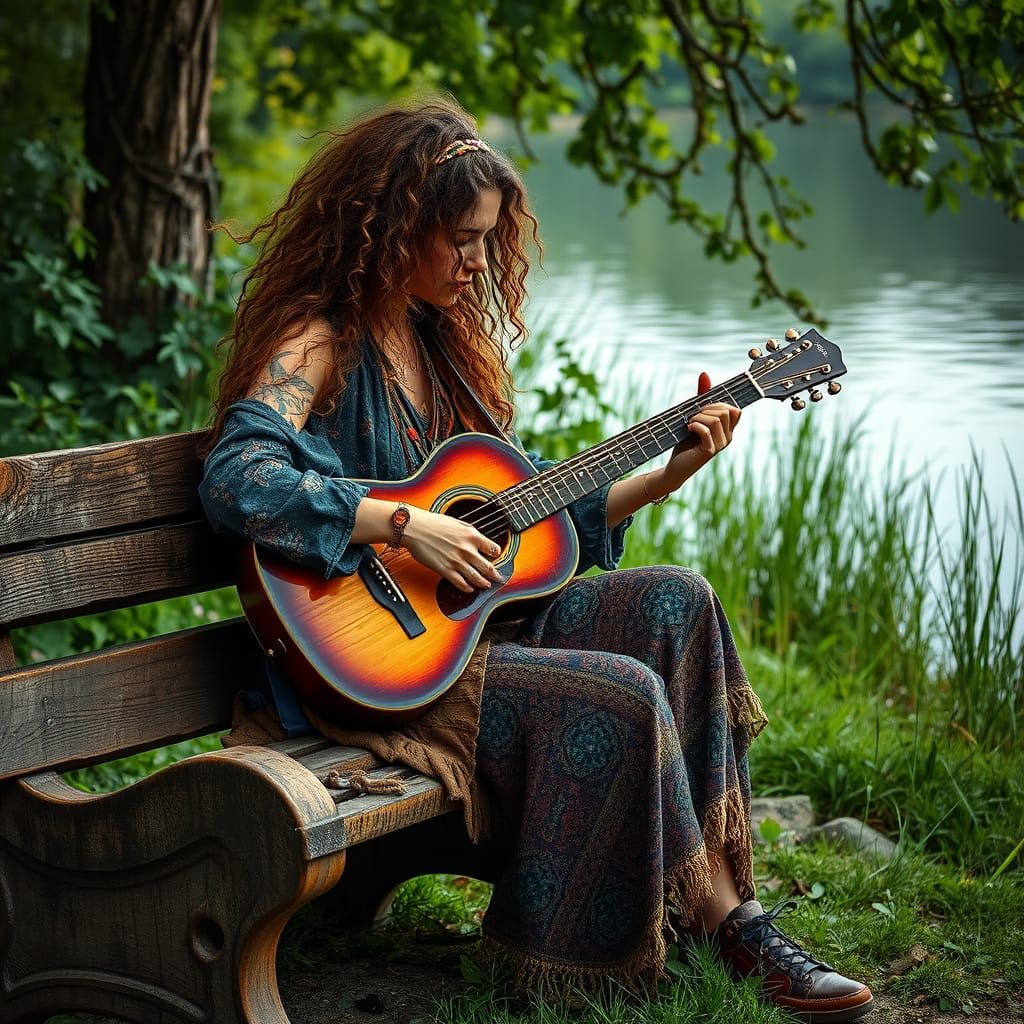 Gypsy Woman Plays Blues Guitar by Lake