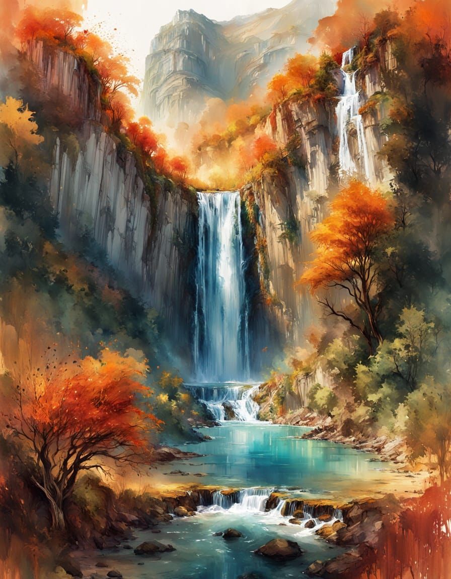 Majestic Waterfall in Vibrant Watercolor Style