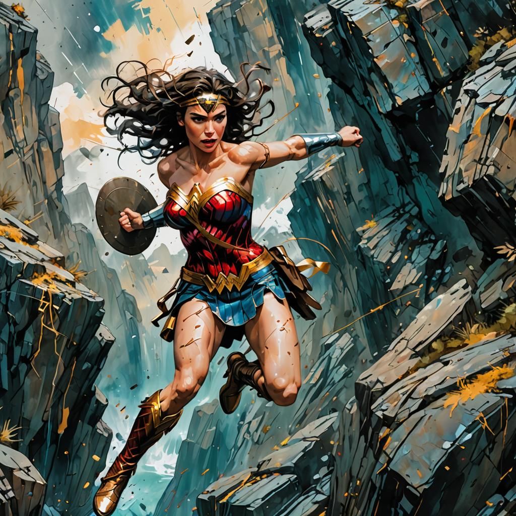 Wonder Woman Leaping, Expressionist Impasto Painting