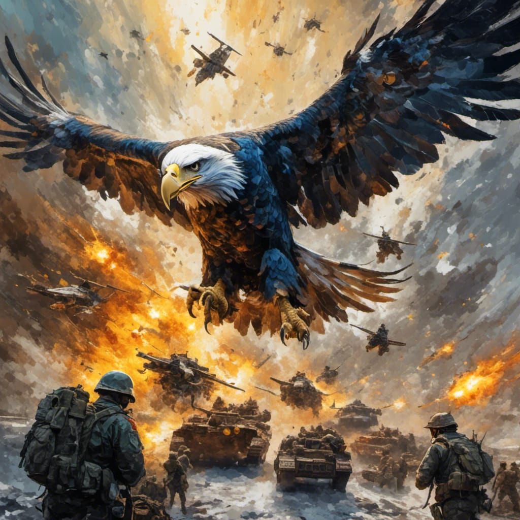 Eagle Aircraft Attacks Soldiers in Gouache Style