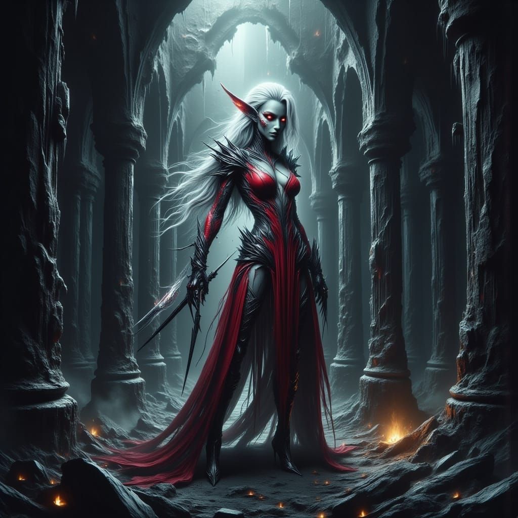 Drow Elf Lost in Forgotten City: Hyperdetailed Art