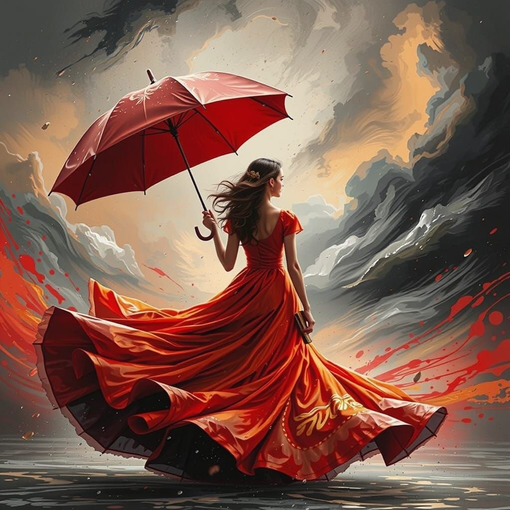 Woman in Red Dress Amidst Stormy Clouds