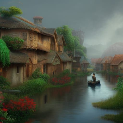 Picturesque Village Scene in Detailed Matte Painting