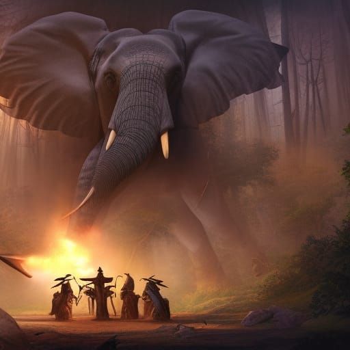 Knights and Elephant Battle Under Burning Spaceship