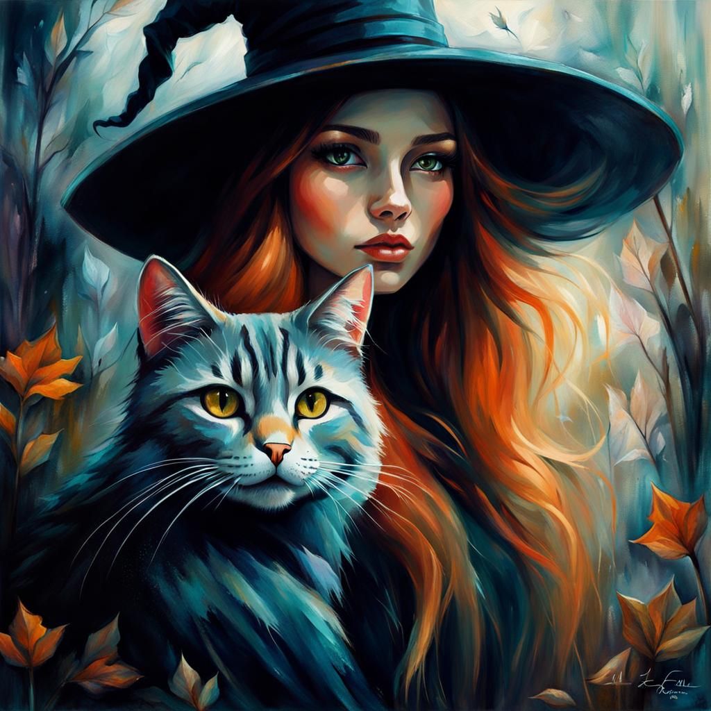 Whimsical Witch and Cat in Ethereal Autumn Painting