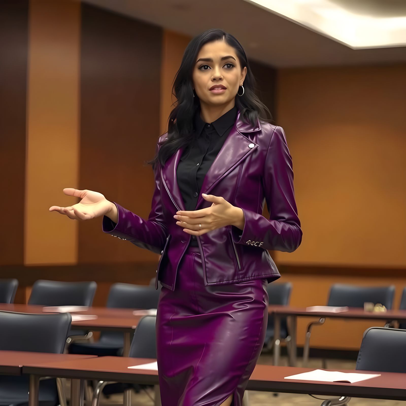 Executive Woman in Bold Purple Leather Suit