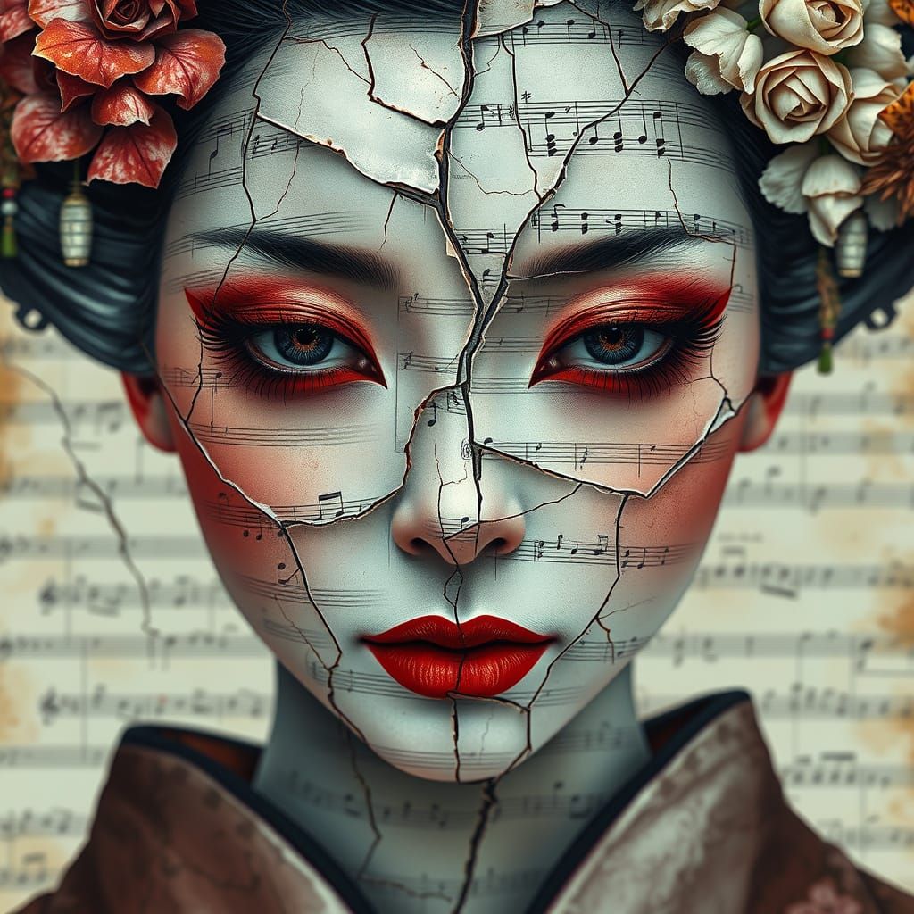 Surreal Geisha Emerges from Fragmented Sheet Music