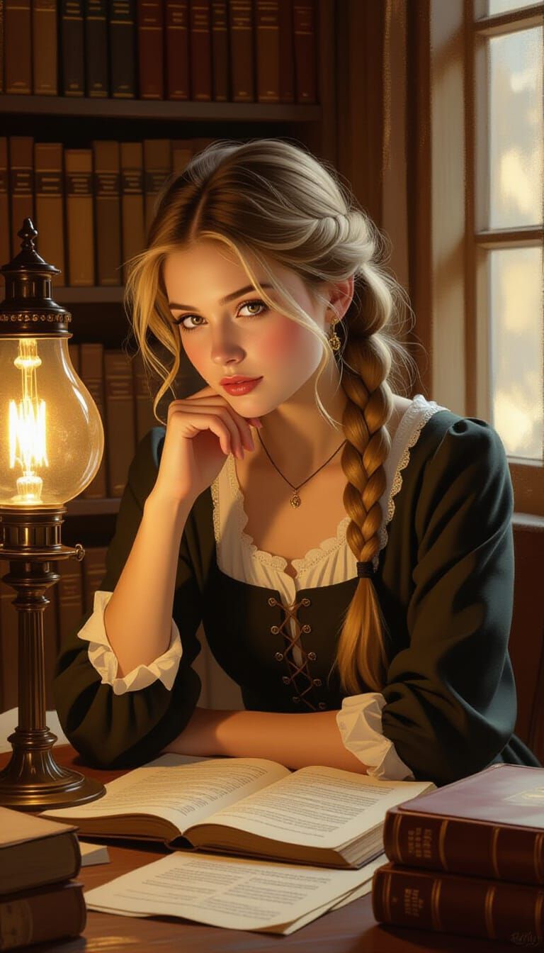 Young Woman Studying by Gas Lamp in Rustic Setting