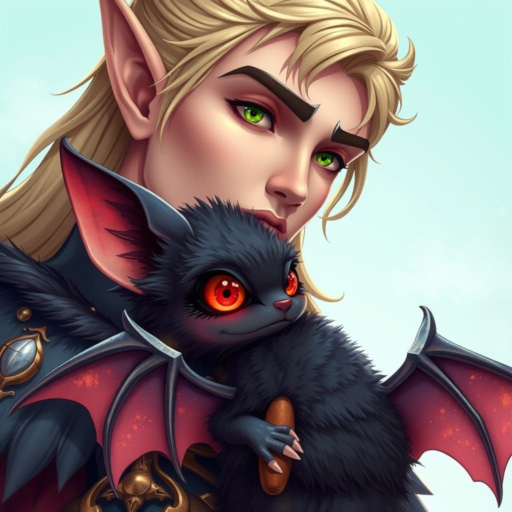 Chiseled Elven Prince Kisses Adorable Fantasy Bat in Vibrant...