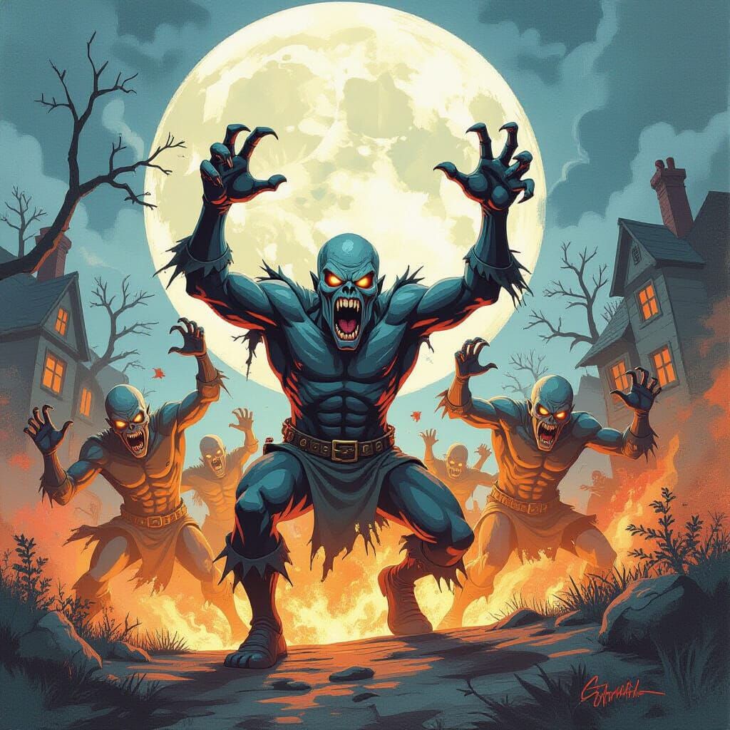 Ghouls Bursting Forth: Detailed Gouache Painting