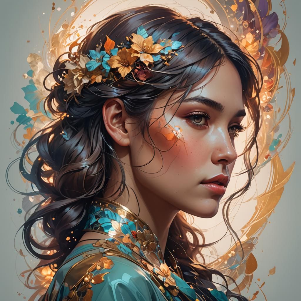 Double exposure. Side profile portrait of a beautiful woman.