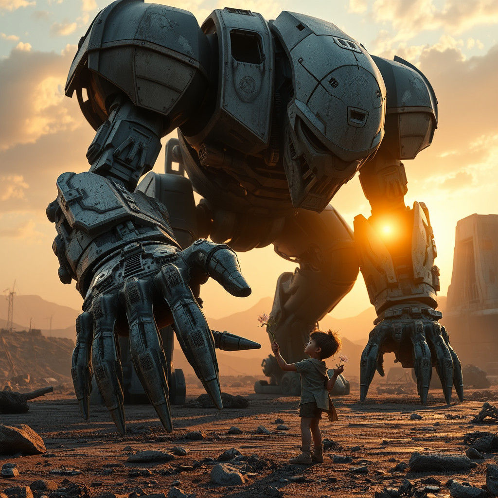 Giant Robot and Child in Post-Apocalyptic Scene