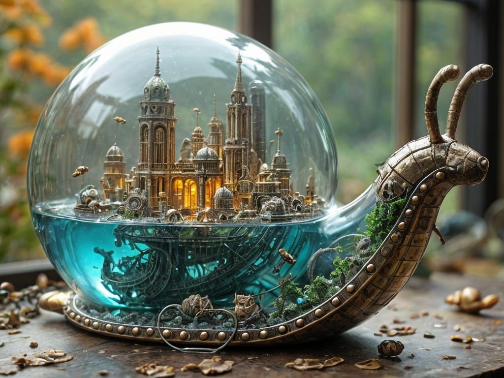 Steampunk Glass Snail with Miniature City Aquarium