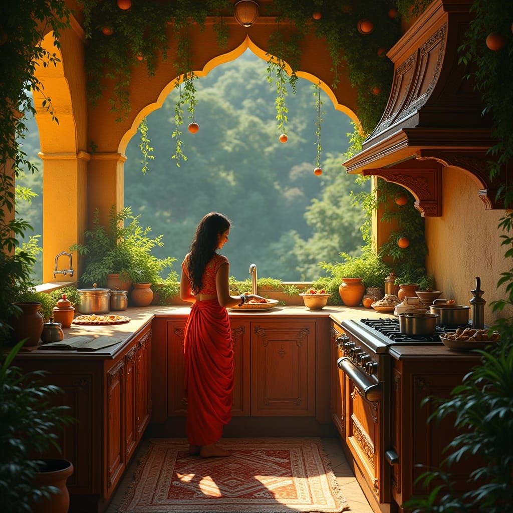Indian Woman in a Vibrant, Ornate Kitchen with Golden Accent...