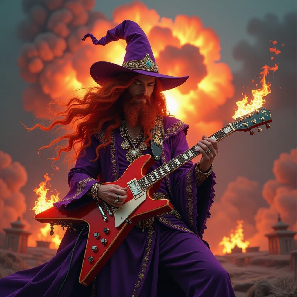Wizard Plays Flaming Guitar in Surreal Baroque Style