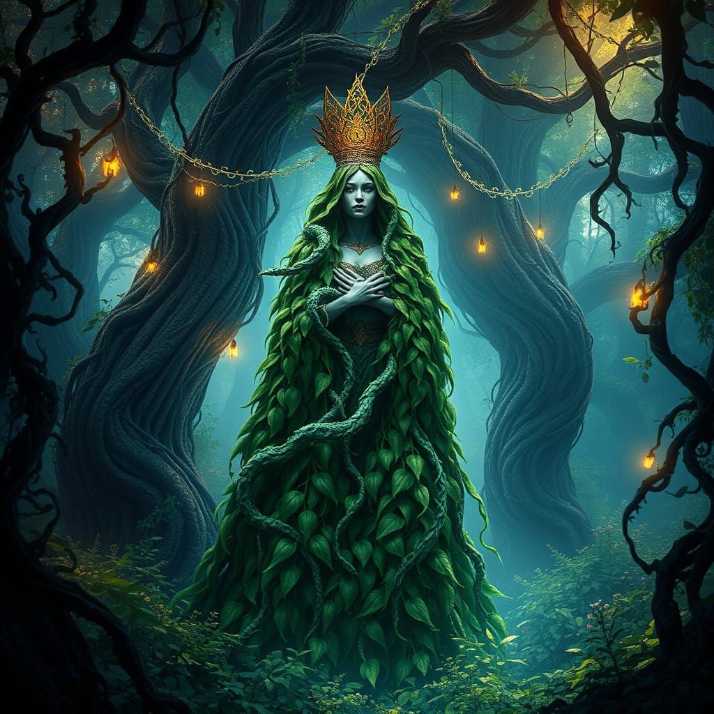 The Regal Leaf Sorceress in a Mystical Forest