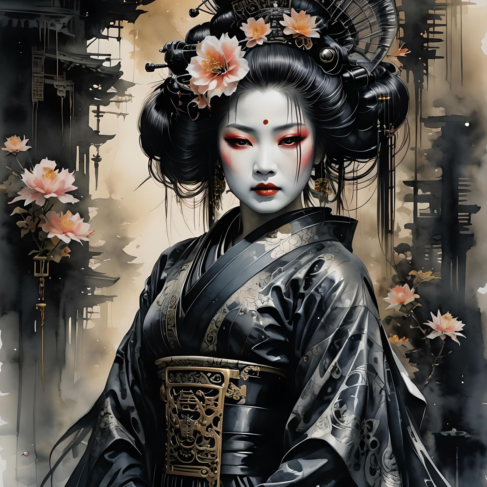 Shadowy Geisha in Watercolor Style