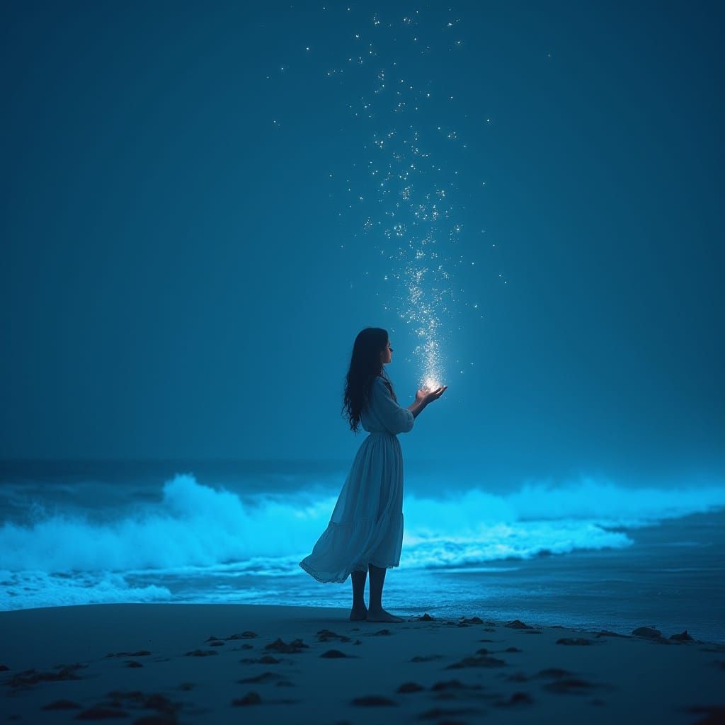 Woman on Bioluminescent Beach Catches Shooting Stars