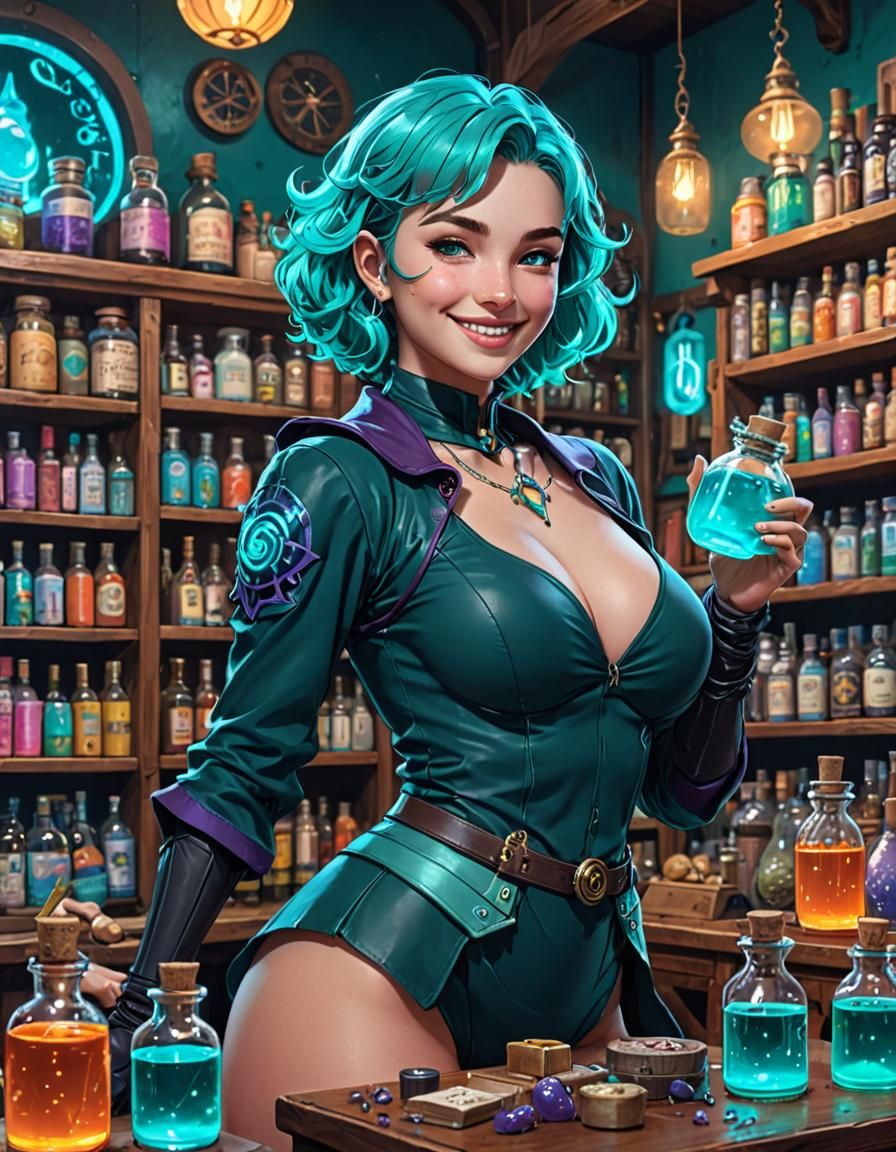 Teal Sorceress in Magic Shop: Anime Art