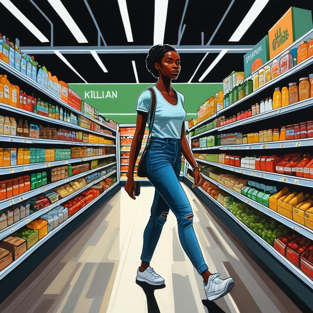 Melanin Woman Shopping in Grocery Store: Gouache Illustratio...