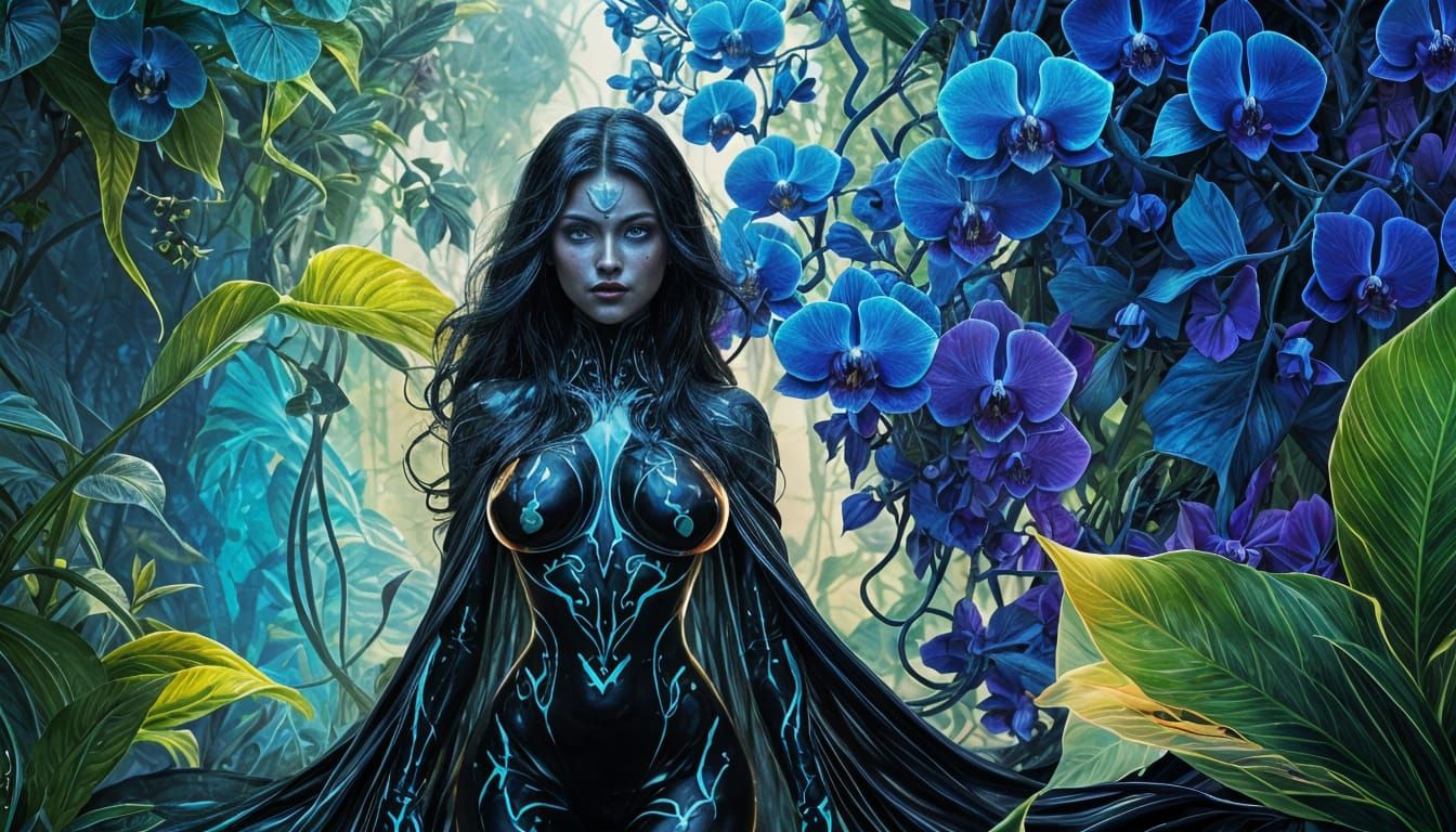 Ethereal Black Orchid Emerges from Grotto in Vibrant Ink Tap...