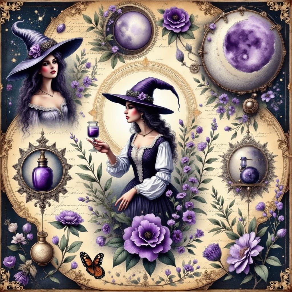 Seamless Witchy Scrapbook Paper Pattern in Vintage Style