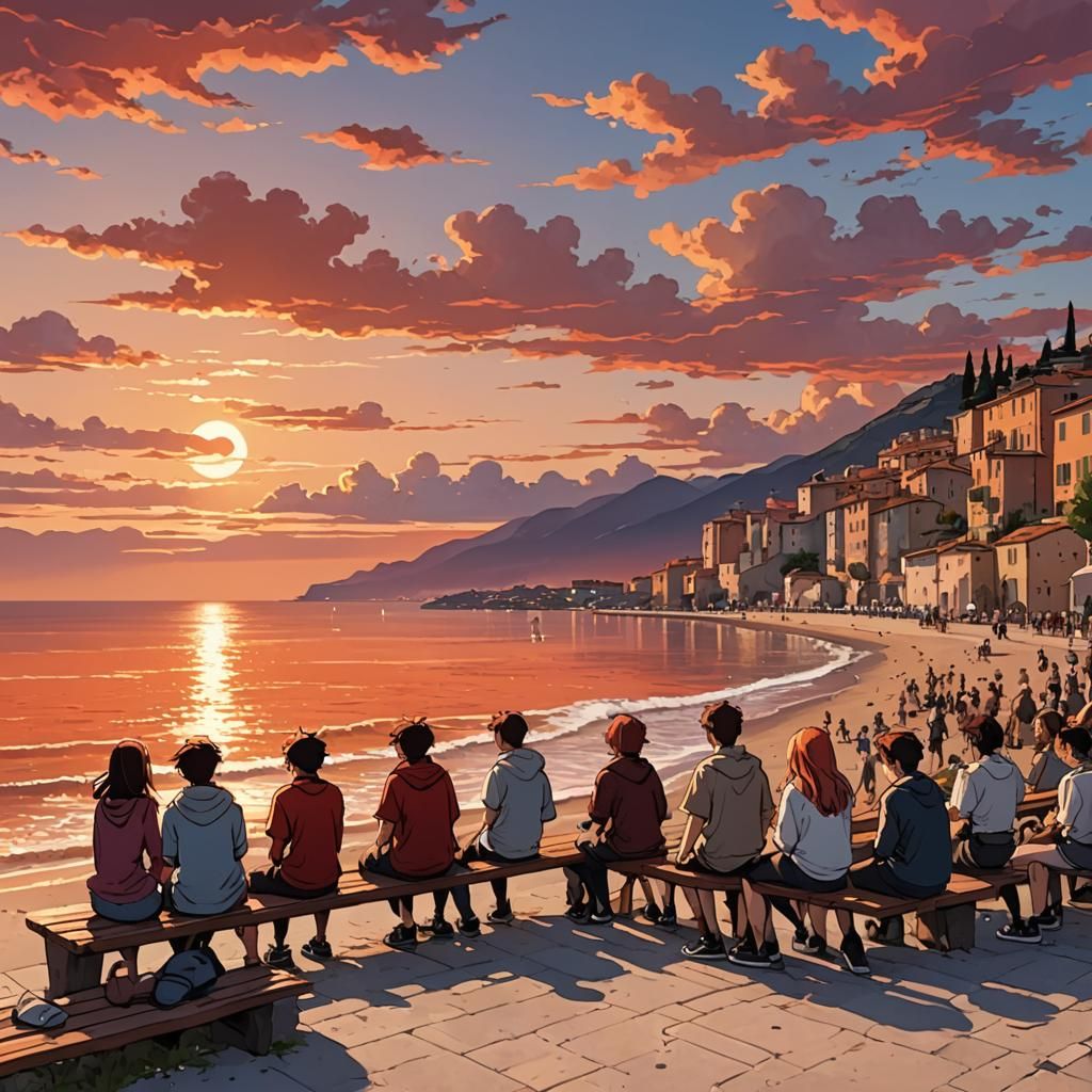 Friends Admire Fiery Sunset on Italian Beach