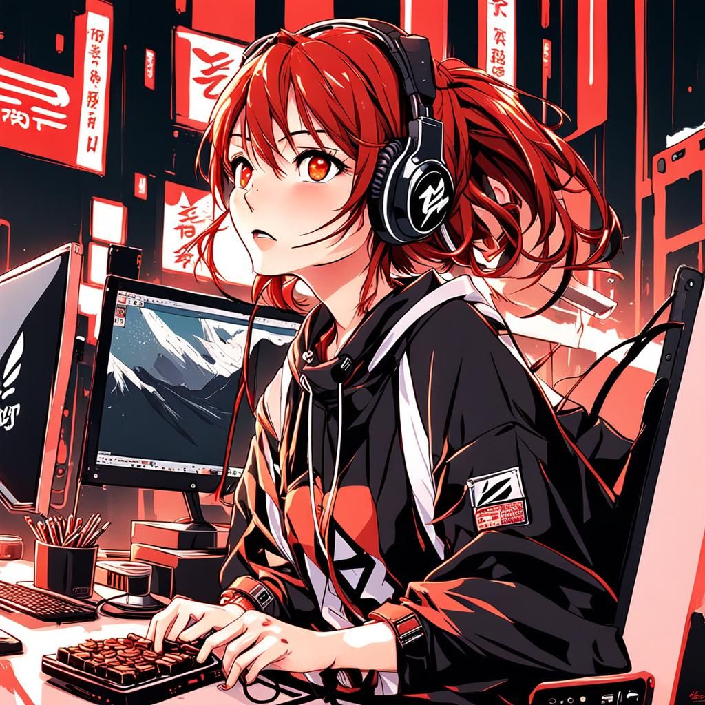 Red-Haired Gamer Girl in Anime Style