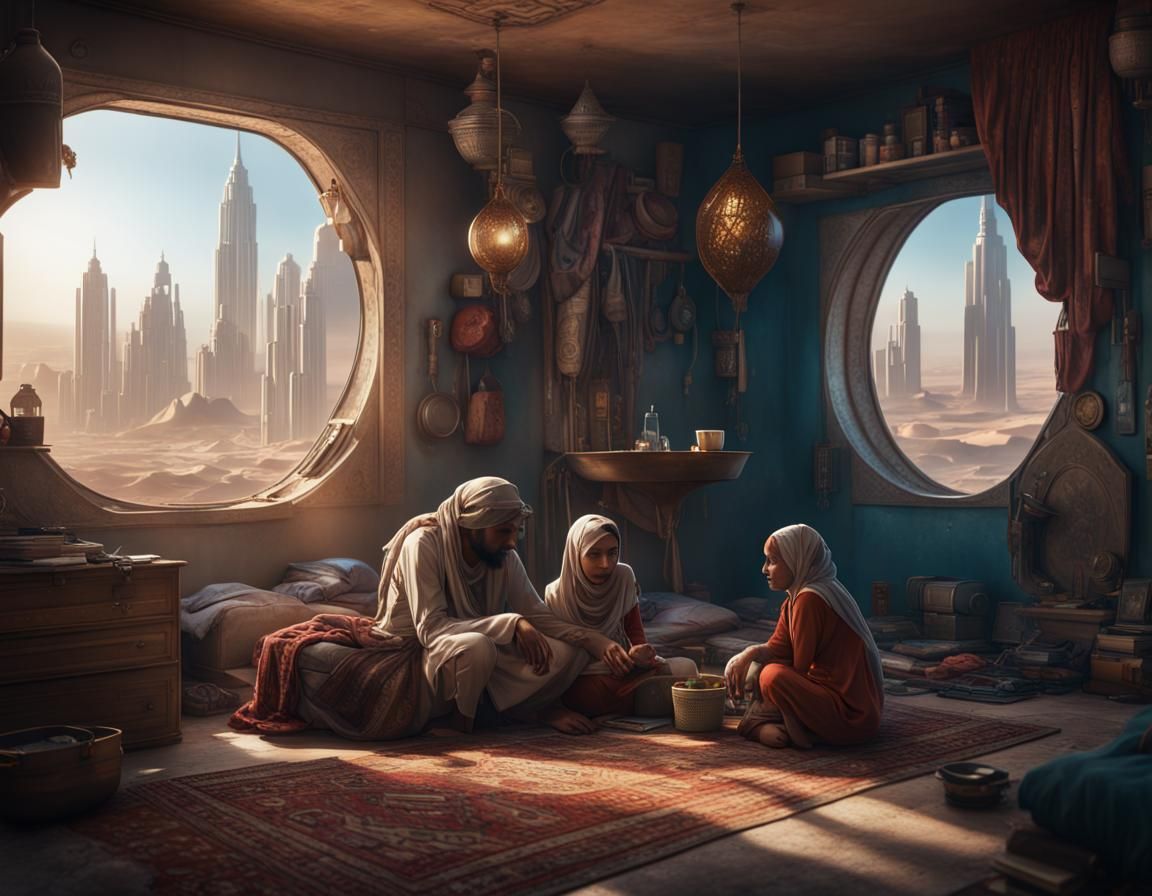 Impoverished Muslim Family in Futuristic Apartment
