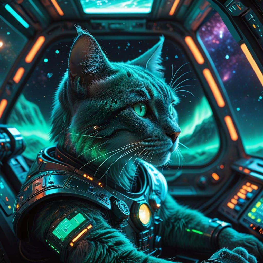 Regal Spacefaring Feline in Cyberpunk Aesthetic