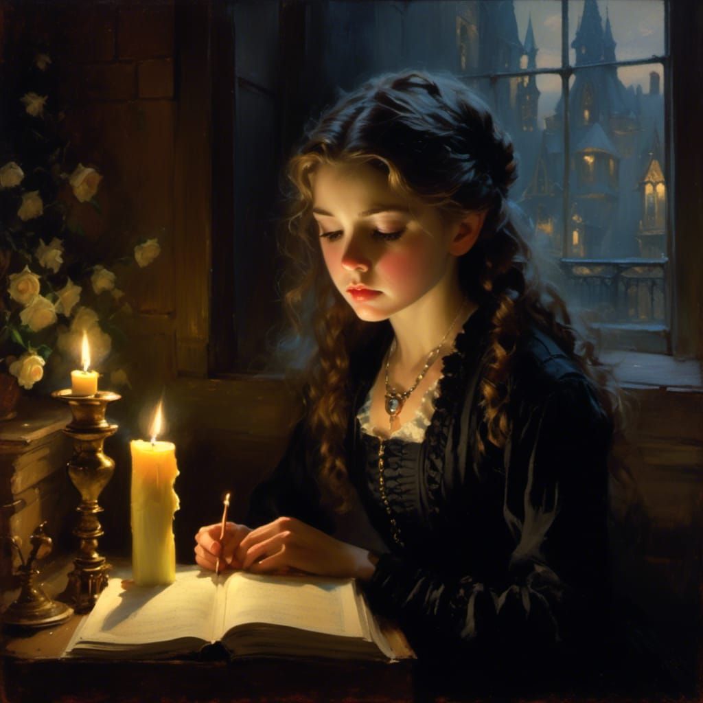 Victorian Widow Writing in Journal by Candlelight