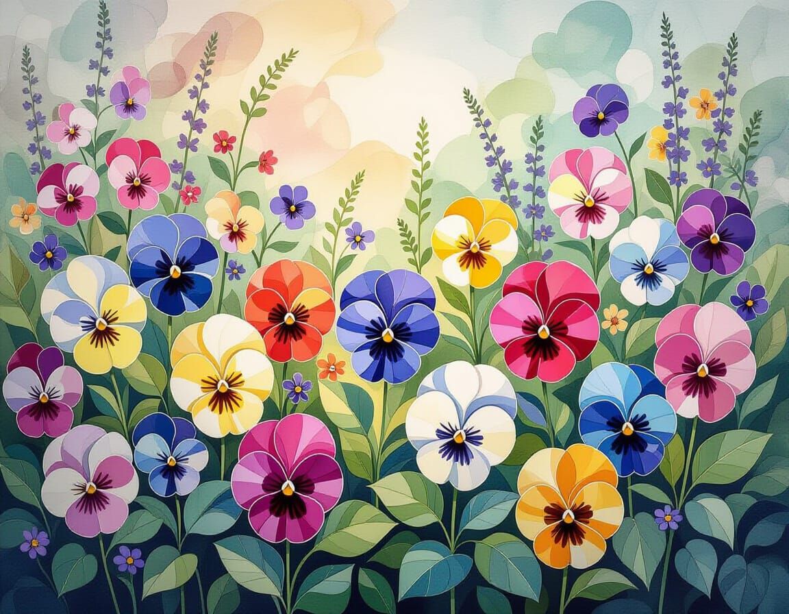 Vibrant Pansies in Watercolor Pointillism Style