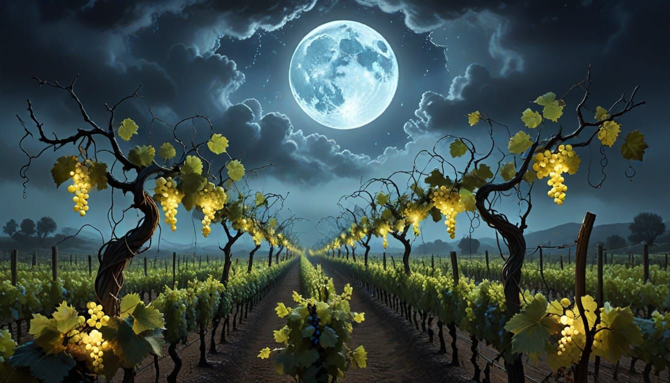 Glowing Vineyard at Full Moon in Dreamlike Surrealist Style