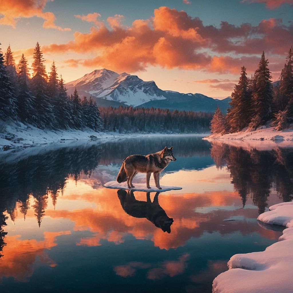 Lone Wolf in Snowy Landscape at Sunset