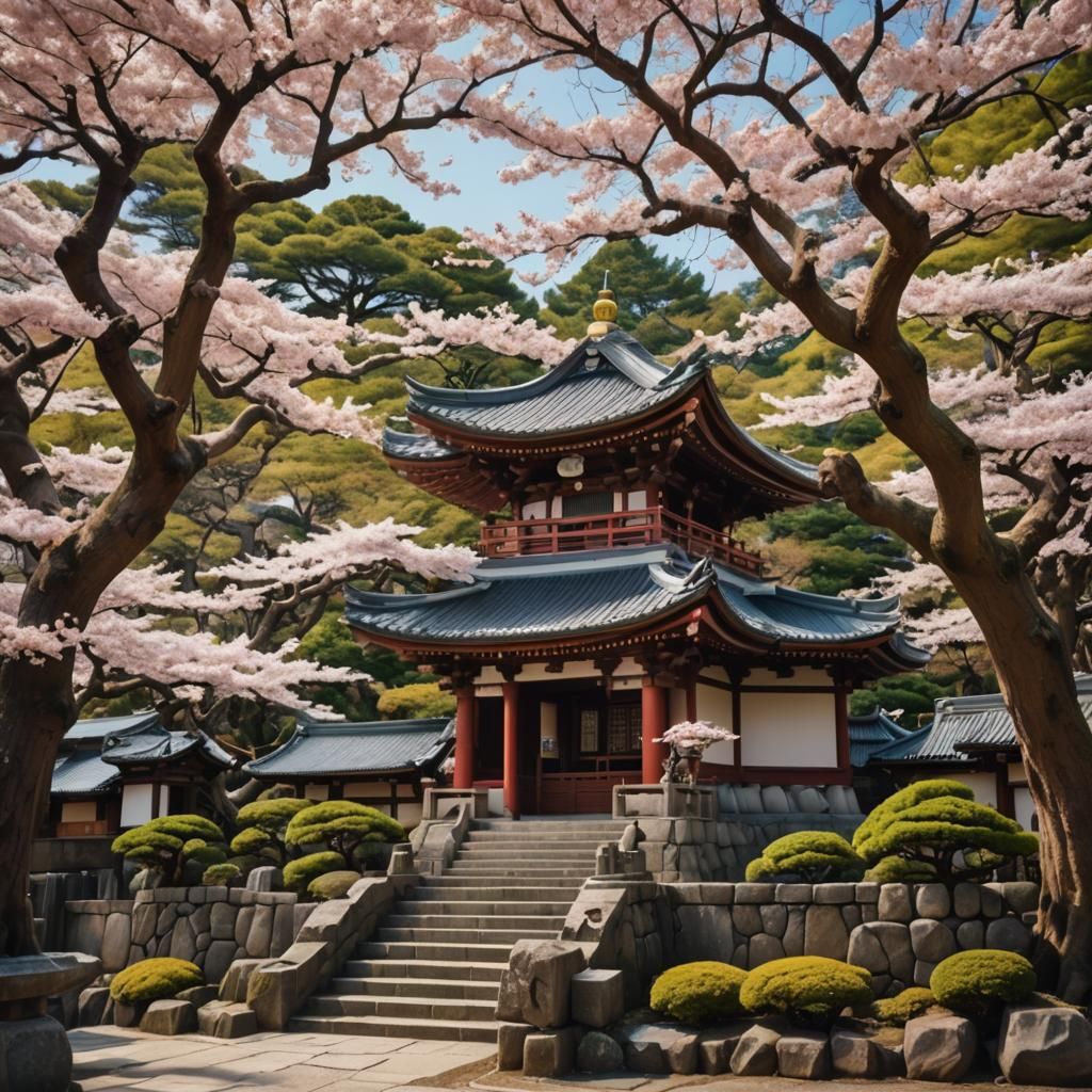 Vibrant Japanese Temple Exterior in Woodblock Style