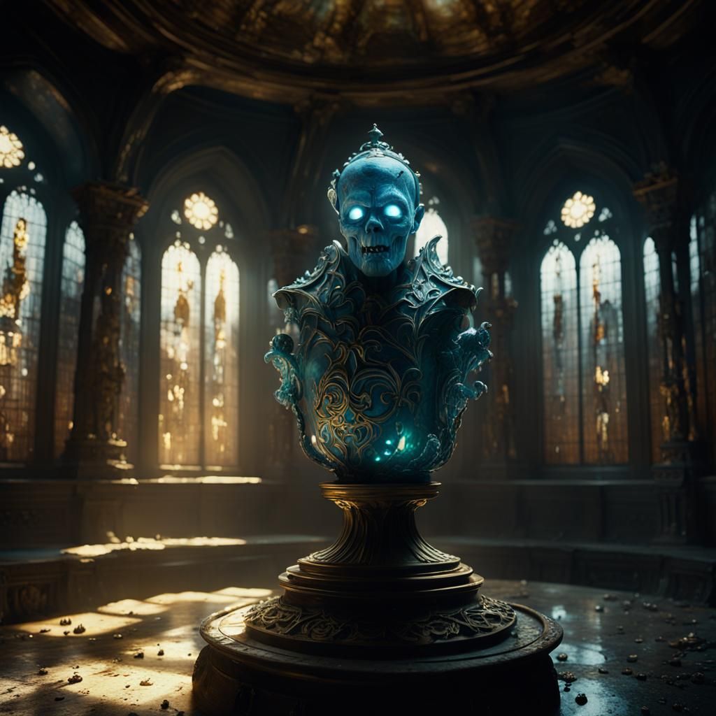 Grotesque Enamel Figurine in Gothic Abandoned Room