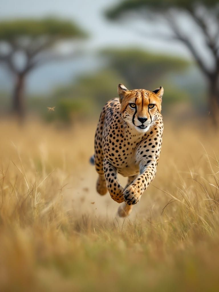 Cheetah Sprinting Across African Savannah in High-Speed Phot...