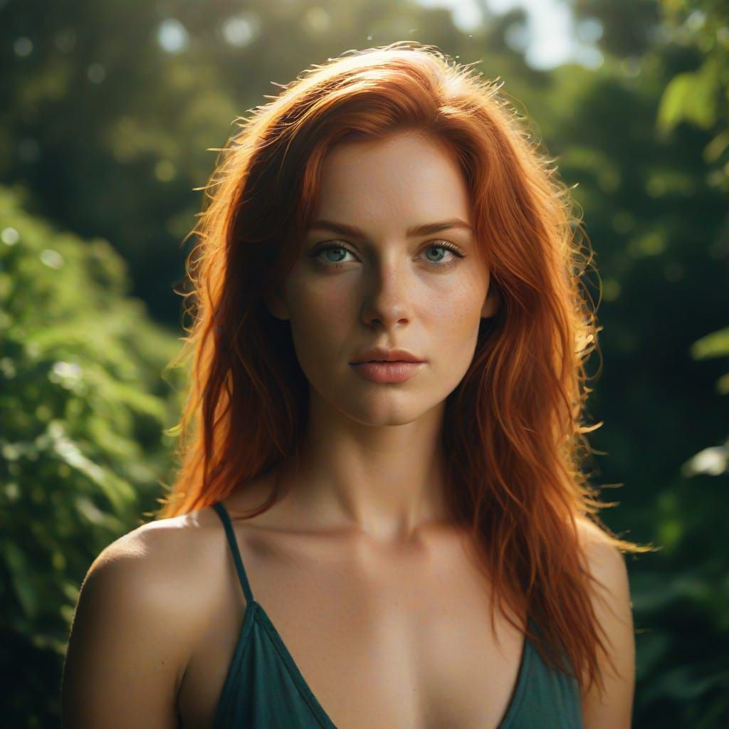 Stunning Redhead Goddess in Nature's Heart with Feline Eyes