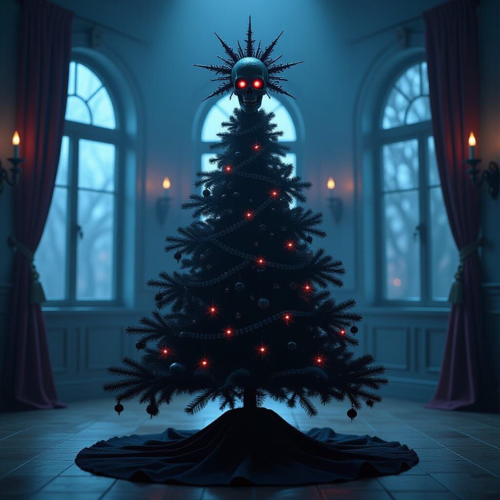 Spooky Black Christmas Tree With Zombie Head Topper