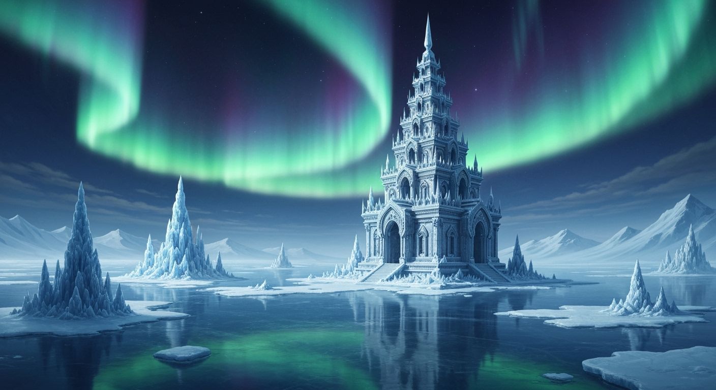 Crystalline Temple on Frozen Dreamlike Lake