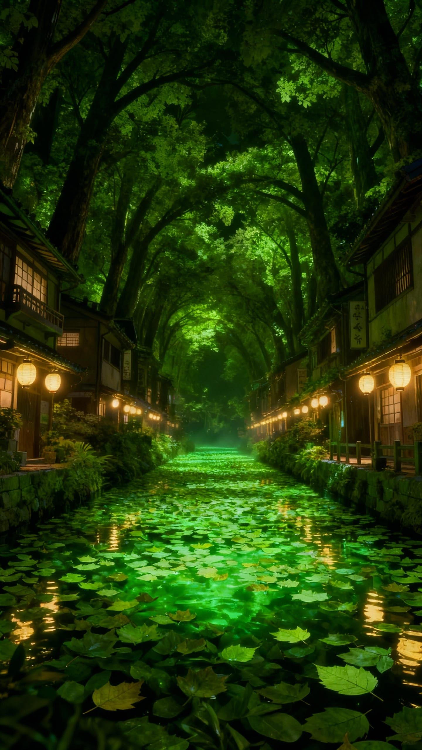 Mystical Forest-City Canal with Floating Leaves